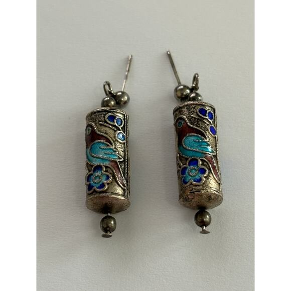 Vintage Cloisonne Enamel Dangle Earrings Silver Tone - Picture 1 of 2